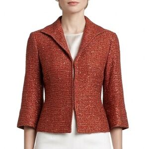 Lafayette 148 Metallic Sparkle Wool Tweed Blazer Suit 4 Red Orange Silver Work
